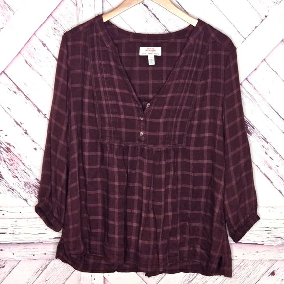 Wrangler Tops - Wrangler Burgundy Plaid Peasant Top